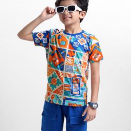 OLLINGTON ST. Cotton Half Sleeves Printed T-Shirt & Knit Shorts Set - Multicolor-image-74
