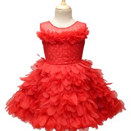 Enfance Sleeveless Stone Embellished & Embroidered Ruffle Detailed Knee Length Dress - Red-image-69