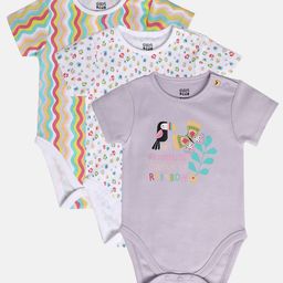 MINI KLUB Cotton Pack Of 3 Half Sleeves Floral & Toucan Printed Onesies - Lavender & White-image-10