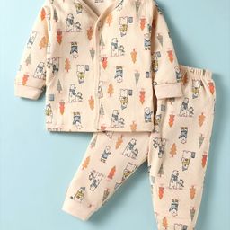 CUCUMBER Sinker Knit Full Sleeves Co-Ord Night Suit with Animal Print - Peach-image-37