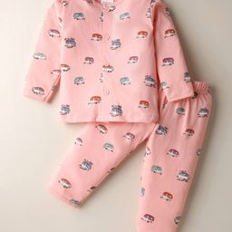 First Smile Sinker Knit Full Sleeves Front Open Co-ords Night Suit with Vehicle Print - Pink-image-12