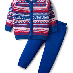 Babyhug Knitted Full Sleeves Front Open Sweater Set With Geometric Design - Blue-picture-13