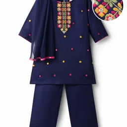 EARTHY TOUCH Cotton Woven Three Fourth Sleeves Kurti Chudidar Set with Dupatta & Floral Embroidery - Navy Blue-picture-20