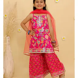 Junitos Cotton Woven Sleeveless Floral Printed Kurti Sharara With Dupatta Set - Pink-picture-35