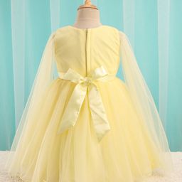 Babyhug Sleeveless Sequinned Yoke Mesh Party Frock With Bow Applique - Yellow image 3