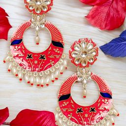 OOMPH Kundan Studded & Beaded Meenakari Floral Chandbalis-38