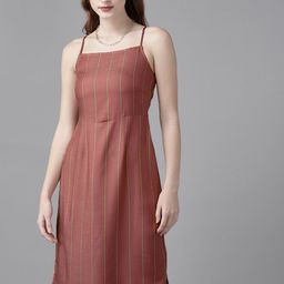 The Roadster Lifestyle Co Pink Beige Striped A-Line Dress-image-68