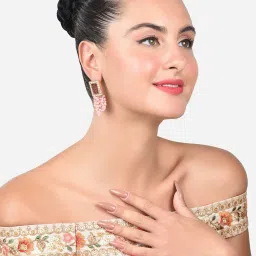 Zaveri Pearls Pink Ethnic Dazzling Austrian Diamonds & Clustered Beads Drop Earrings-ZPFK15221 image 4