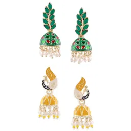 Zaveri Pearls Set of 2 Green & Yellow Enamel Peacock Traditional Jhumki Earring-ZPFK16860 image 4