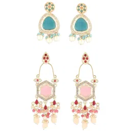 Zaveri Pearls Set of 2 Blue & Pink Kundan Traditional Dangler & Drop Earring-ZPFK16871 image 4