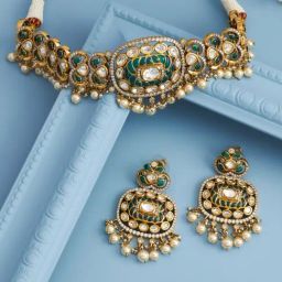 Kushal's Fashion Jewellery Green Victorian Polished Kundan Necklace & Earring Set-picture-16