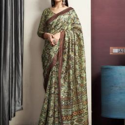 Satrani Green Cotton Blend Printed Saree With Unstitched Blouse-image-99