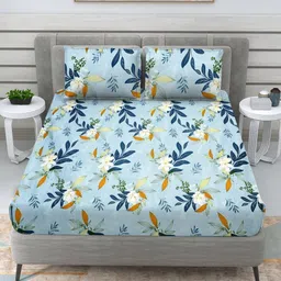 RRC Turquoise Blue Floral 152 TC King Bedsheet with 2 Pillow Covers-image-11