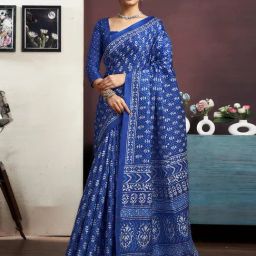 Satrani Blue Cotton Blend Printed Saree With Unstitched Blouse-image-13