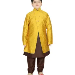SG Yuvraj Kids Yellow & Brown Textured Pattern Full Sleeves Kurta Set-image-36