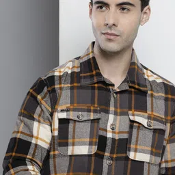 The Indian Garage Co Men Black & Mustard Yellow Comfort Fit Checked Cotton Shirt-image-29