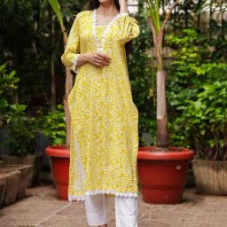 Gulabi Dori Lime Yellow Cotton Kurta With Lace-image-89