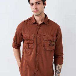 Spykar Brown 100% Cotton Slim Print Shirt-image-46