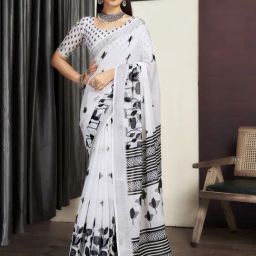 Satrani White Cotton Blend Floral Saree With Unstitched Blouse-picture-21