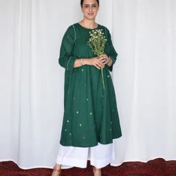 House of Moxa Forest Green Jamdani Kurta with Side Gathers-14