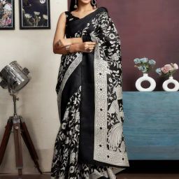 Satrani Black Silk Blend Floral Saree With Unstitched Blouse-image-12