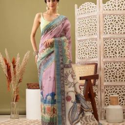 Silk Land Pink Printed Ready To Wear Saree with Unstitched Blouse-5