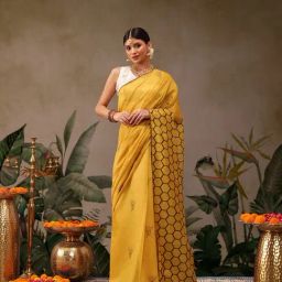 Silk Land Yellow Printed Ready To Wear Saree with Unstitched Blouse-picture-17