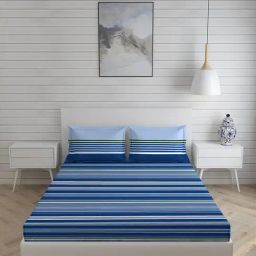 Layers Siena Stripes Blue 225 TC Cotton Double Bed Sheet with 2 Pillow Covers-image-62