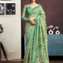 Satrani Green Cotton Blend Floral Saree With Unstitched Blouse-image-98