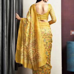 Satrani Yellow Cotton Blend Geometric Saree With Unstitched Blouse image 2