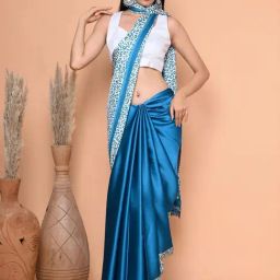 BEATITUDE Blue Printed Satin Crape Saree-image-81