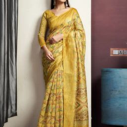 Satrani Yellow Cotton Blend Geometric Saree With Unstitched Blouse image 4