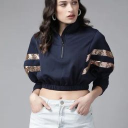 KASSUALLY Navy Cotton Embellished Crop Sweatshirt-85