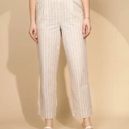Global Republic Beige & White Linen Striped Regular Fit Mid Rise Trousers-image-35