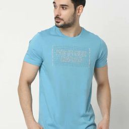 UnderJeans by Spykar Blue Regular Fit Self Design Cotton Crew T-Shirt-image-41