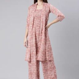 SHOWOFF Mauve & White Printed Maxi Jumpsuit With Shrug-33