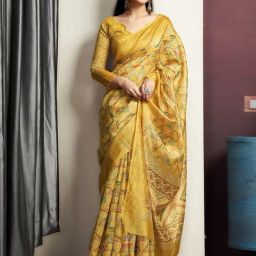 Satrani Yellow Cotton Blend Geometric Saree With Unstitched Blouse image 5
