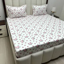 Pure Decor White & Pink Floral Queen Bedsheet with 2 Pillow Covers-picture-45