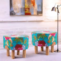 Ikiriya 2-Pcs Green & Pink Embroidered Round Ottomans-28