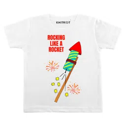 KNITROOT Half Sleeves Rocking Like A Rocket Printed Diwali Tee - White-picture-35