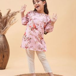 Vastramay Full Sleeves Floral Printed Kurta Pant -Pink Cream-image-81