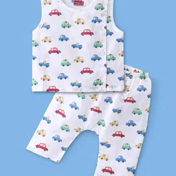 Babyhug Sleeveless Jhabla & Full Length Pajama Set With Car Print - Blue-picture-43