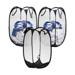 Kuber Industries Laundry BasketNet Foldable LaundryNylon Storage Basket with HandleClothes Basket for Toy Storage30 LTRPack of 3Black-13