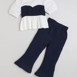 Taffykids Half Puff Sleeves Colour Block Peplum Top And Bell Bottom Pant Set - Blue & White-image-83