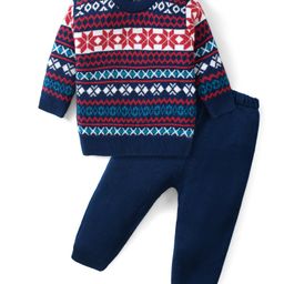 Babyhug Knitted Full Sleeves Sweater Set with Intarsia Design - Blue Red & White-picture-27
