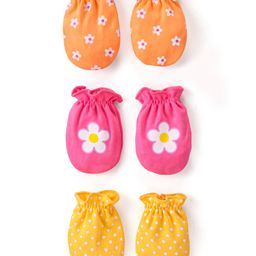 Babyhug 100% Cotton Interlock Knit Mittens With Floral & Polka Dots Print Pack of 3 - Yellow Pink & Orange-image-11