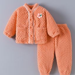 Kookie Kids Full Sleeves Winter Wear Night Suit with Floral Applique - Orange-picture-47