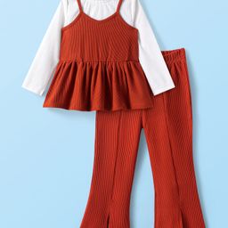 Babyhug Cotton Knit Full Sleeves Solid Colour Top & Leggings Set With Frock - Rust Orange-31
