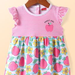 Babyhug Cotton Knit Frill Sleeves Frock With Floral & Apple Print - Pink-picture-33