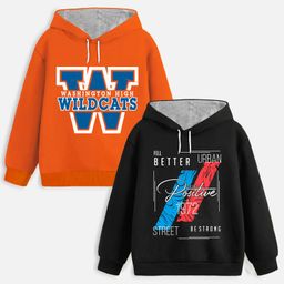 Trampoline Fleece Pack Of 2 Full Sleeves Typography Printed Hooded Sweatshirts - Orange & Black-picture-12